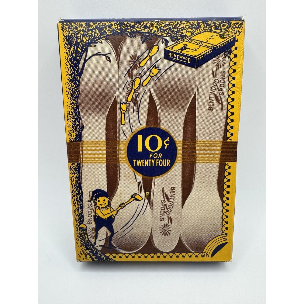 Bentwood Spoons Box w/12 Spoons Antique Sanitary Economical Elf Graphic